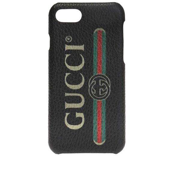 GUCCI iPhone 8 Textured Faux Leather Case in Black with Printed Logo NWT